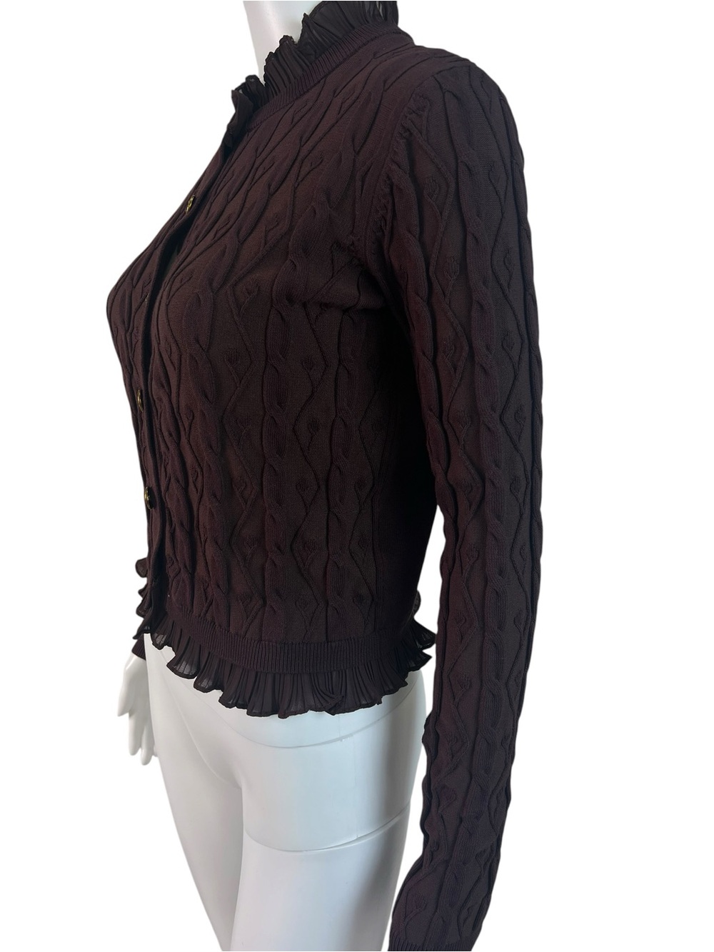 Disturbia Women's Cable Knit Cardigan Burgundy Ashen Vine Ruffle Slim Fit Size M - Picture 4 of 15